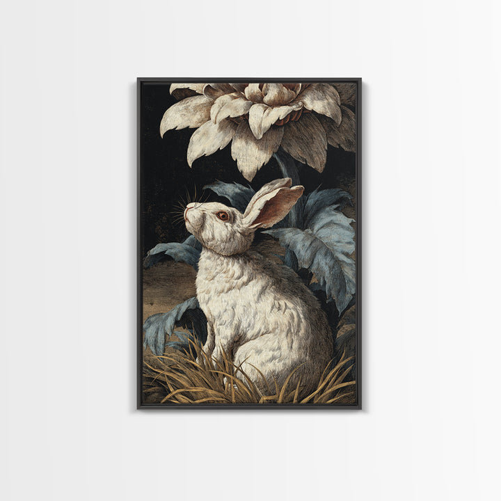 Rabbit Reading Beneath a Giant Flower Framed Canvas Print, Whimsical Art, Nursery Wall Art, Living Room Decor, Fine Art, Wonder, WHI-2x3-37