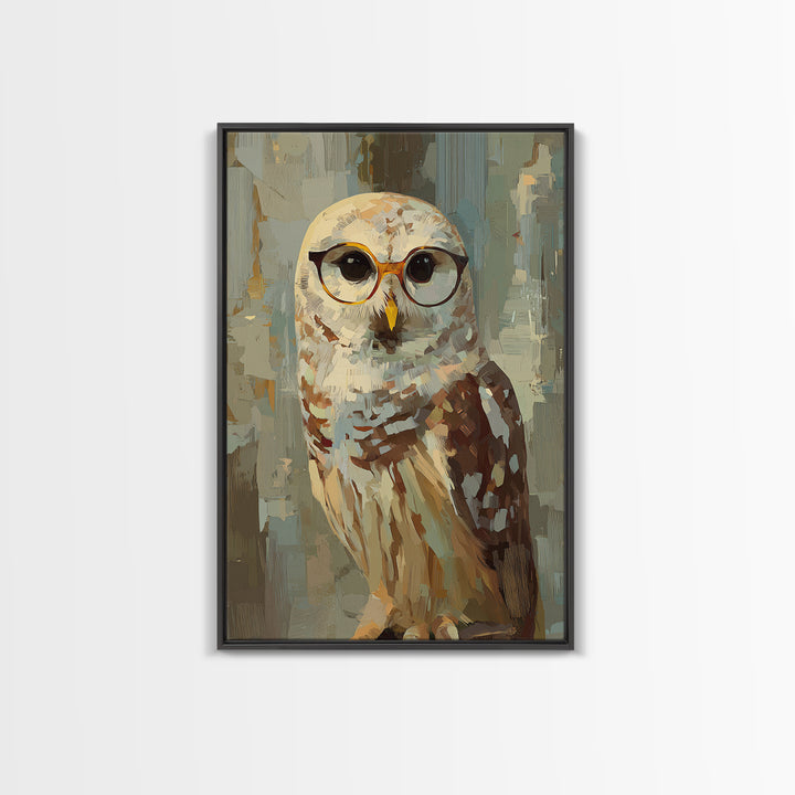 Owl Wearing Spectacles Among Stars Framed Canvas Print, Whimsical Art, Pet Portrait, Living Room Decor, Fine Art, Wonder, WHI-2x3-38