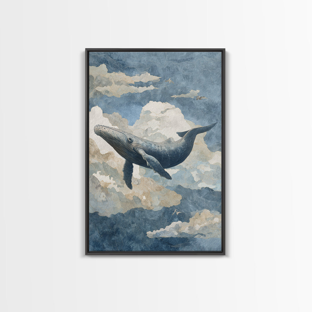Whale Flying Through Clouds Like Ocean Canvas Print, Whimsical Art, Framed Wall Art, Living Room Decor, Oil Painting, Wonder, WHI-2x3-45