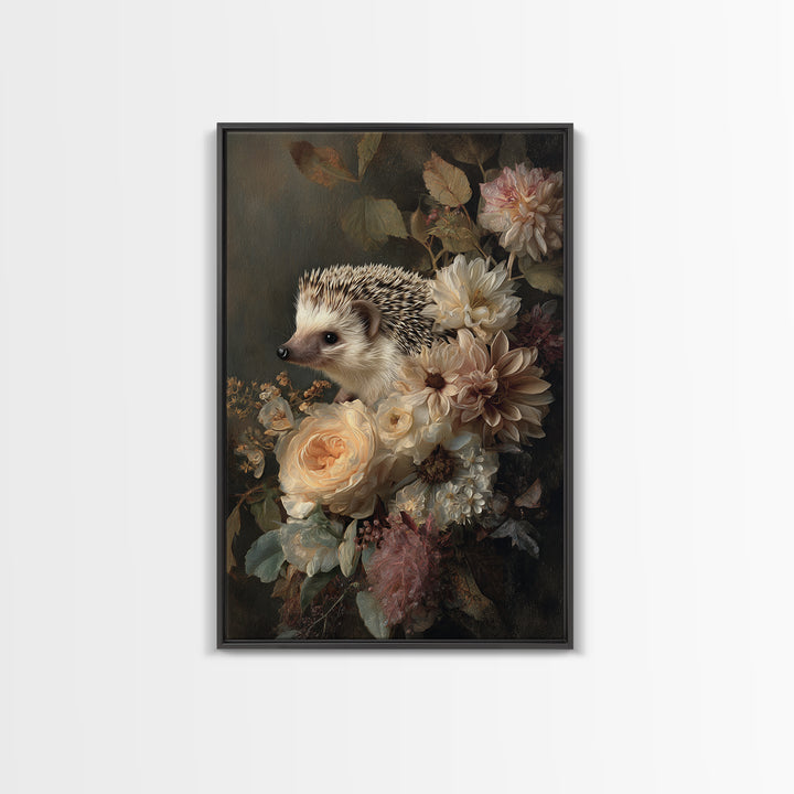 Hedgehog Carrying Wildflowers Framed Canvas Print, Whimsical Art, Art Nouveau, Living Room Decor, Wonder, Nursery Wall Decor, WHI-2x3-47
