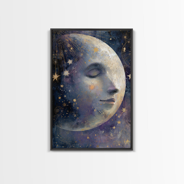 Moon with Sleeping Face and Dangling Stars Framed Canvas Print, Whimsical Art, Home Decor, Living Room Decor, Fine Art, Wonder, WHI-2x3-48