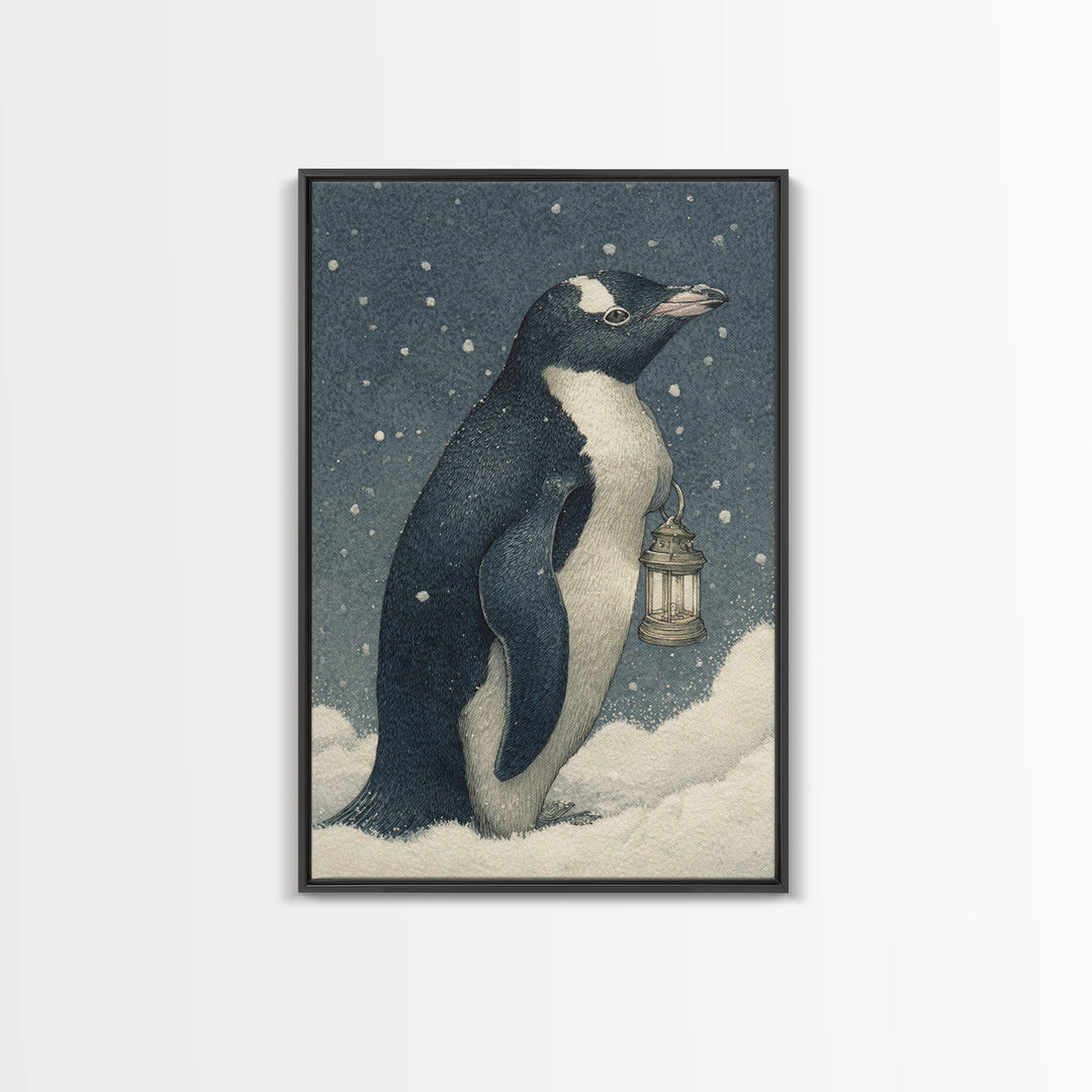 Penguin Holding a Lantern Canvas Print, Whimsical Art, Digital Print, Living Room Decor, Wonder, Bird Art, Nursery Art, WHI-2x3-49