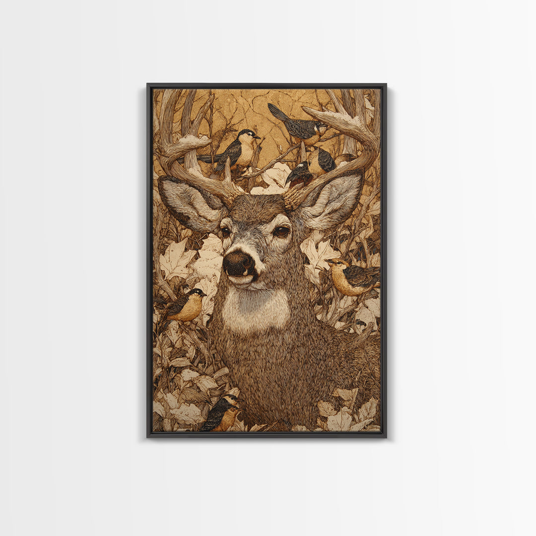 Deer with Antlers Full of Birds Framed Canvas Print, Whimsical Art, Printable Wall Art, Living Room Decor, Oil Painting, Wonder, WHI-2x3-51