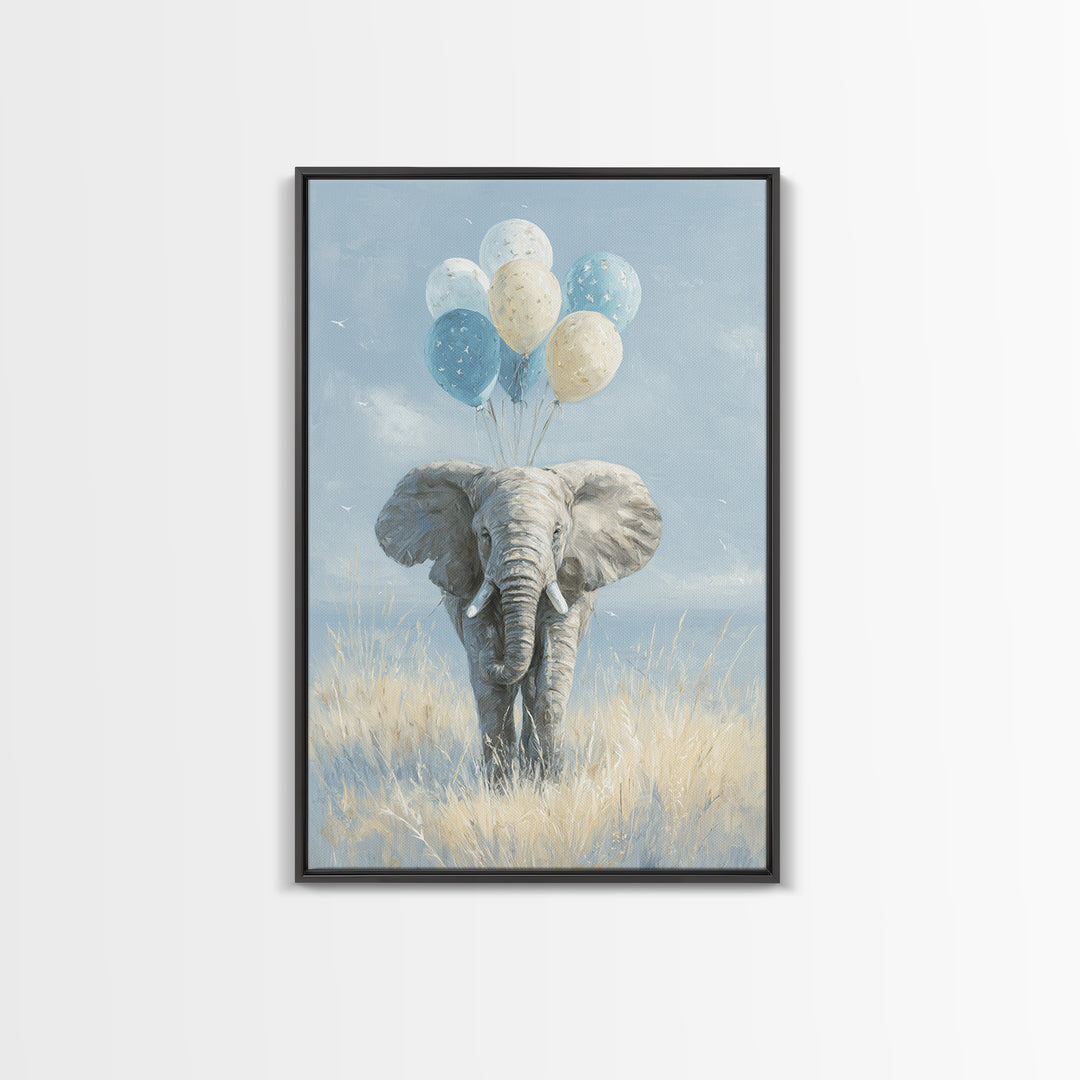 Elephant Holding Balloons Framed Canvas Print, Whimsical Art, Whimsical, Living Room Decor, Oil Painting, Wonder, Nursery Art, WHI-2x3-59