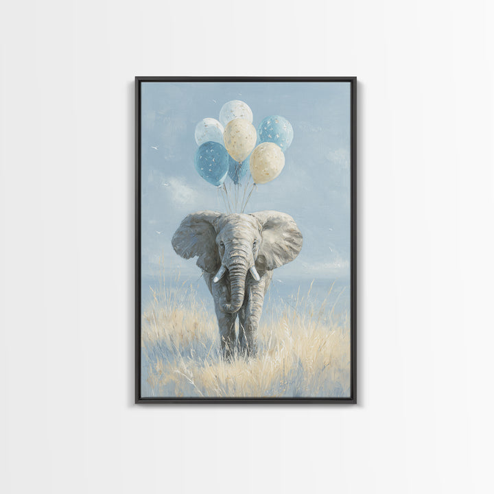 Elephant Holding Balloons Framed Canvas Print, Whimsical Art, Whimsical, Living Room Decor, Oil Painting, Wonder, Nursery Art, WHI-2x3-59
