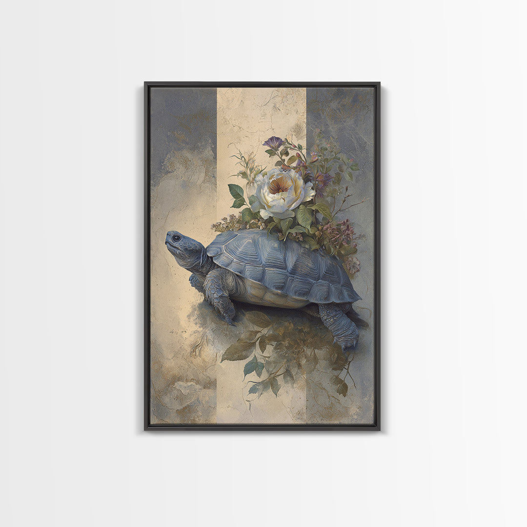 Turtle with Garden Growing on Shell Framed Canvas Print, Whimsical Art, Minimalist Decor, Living Room Decor, Oil Painting, WHI-2x3-6