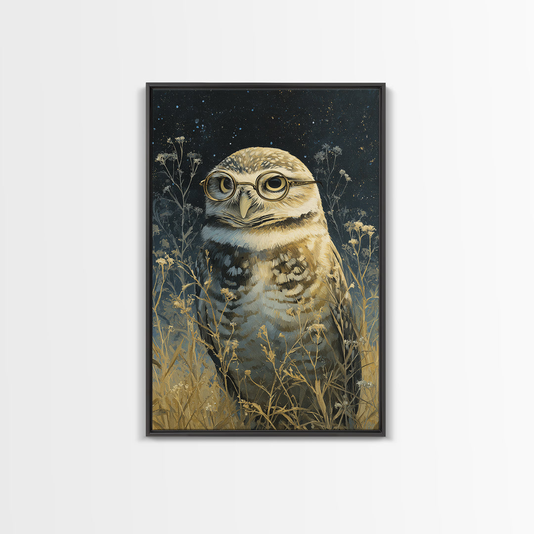 Owl Wearing Spectacles Among Stars Canvas Print, Whimsical Art, Art Nouveau, Living Room Decor, Abstract Art, Wonder, WHI-2x3-62