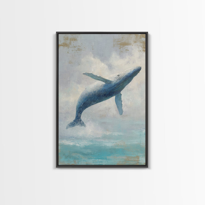 Whale Flying Through Clouds Like Ocean Framed Canvas Print, Whimsical Art, Living Room Decor, Fine Art, Wonder, Gallery Decor, WHI-2x3-69