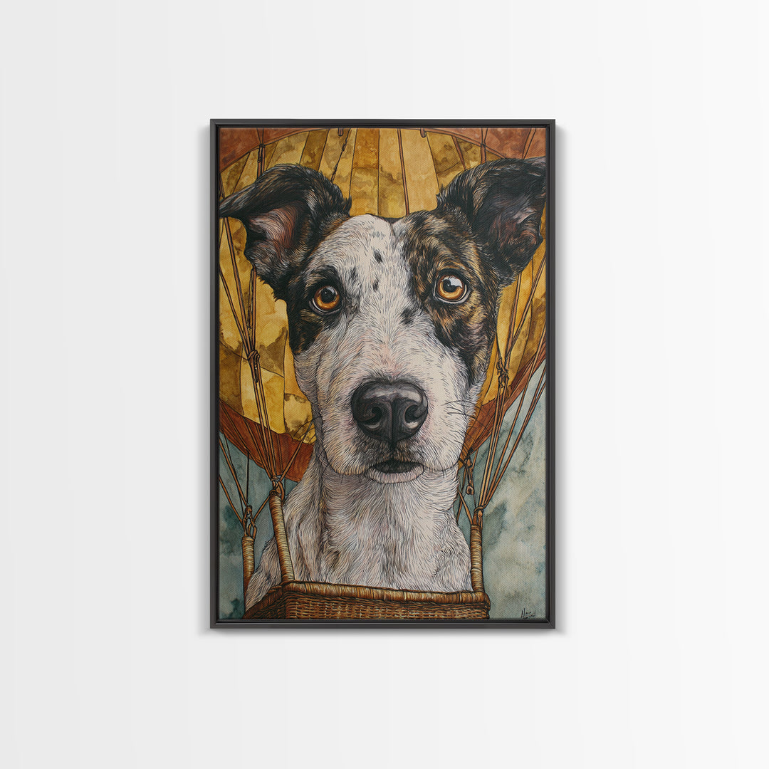 Dog in a Hot Air Balloon Canvas Print, Whimsical Art, Oil Painting, Living Room Decor, Fine Art, Wonder, Dark Academia Decor, WHI-2x3-70