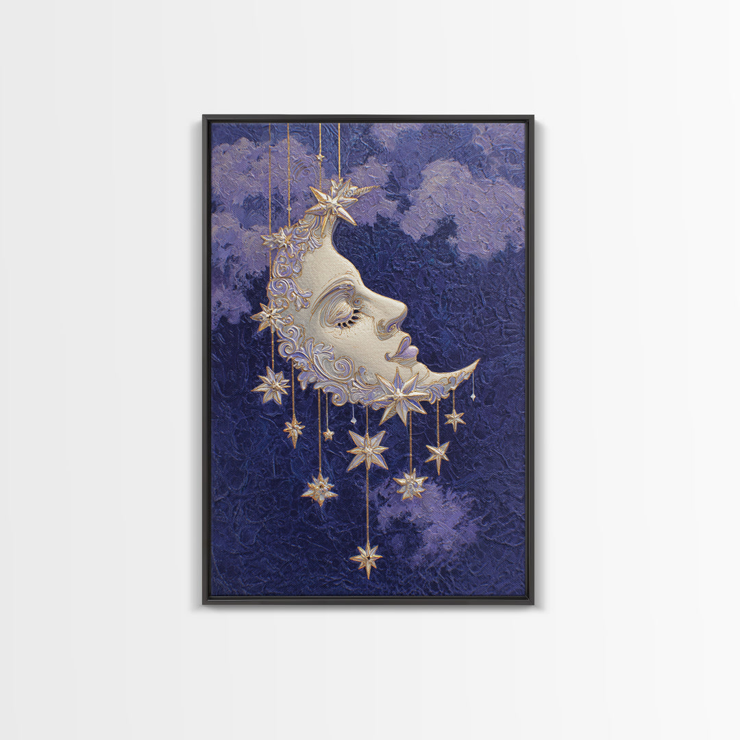 Moon with Sleeping Face and Dangling Stars Canvas Print, Whimsical Art, Printable Wall Art, Living Room Decor, Fine Art, Wonder, WHI-2x3-72