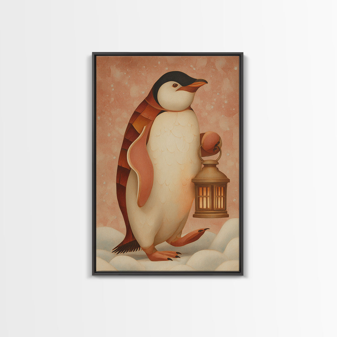 Penguin Holding a Lantern Framed Canvas Print, Whimsical Art, Abstract Wall Art, Living Room Decor, Fine Art, Wonder, WHI-2x3-73