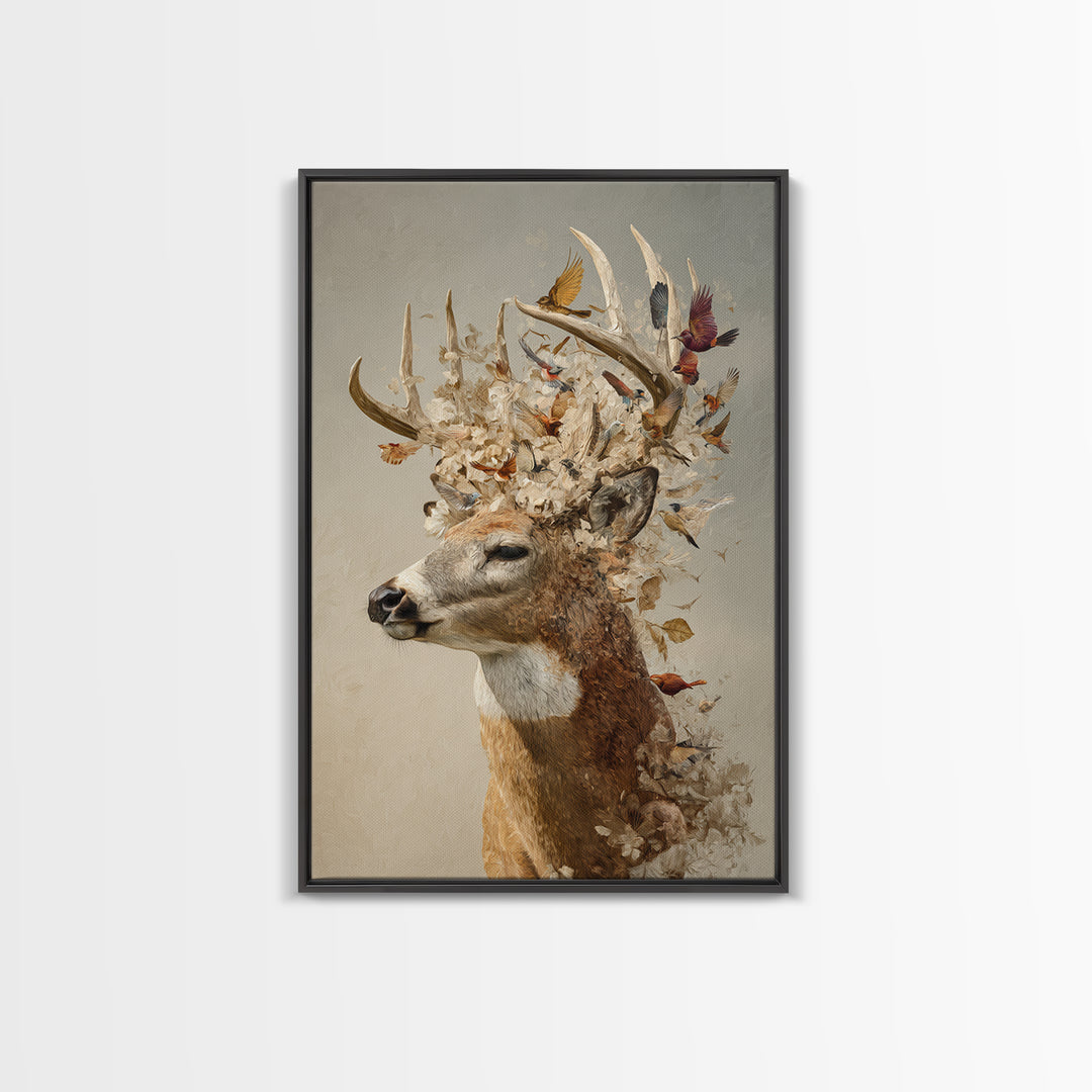 Deer with Antlers Full of Birds Framed Canvas Print, Whimsical Art, Living Room Decor, Fine Art, Wonder, Gallery Decor, WHI-2x3-75