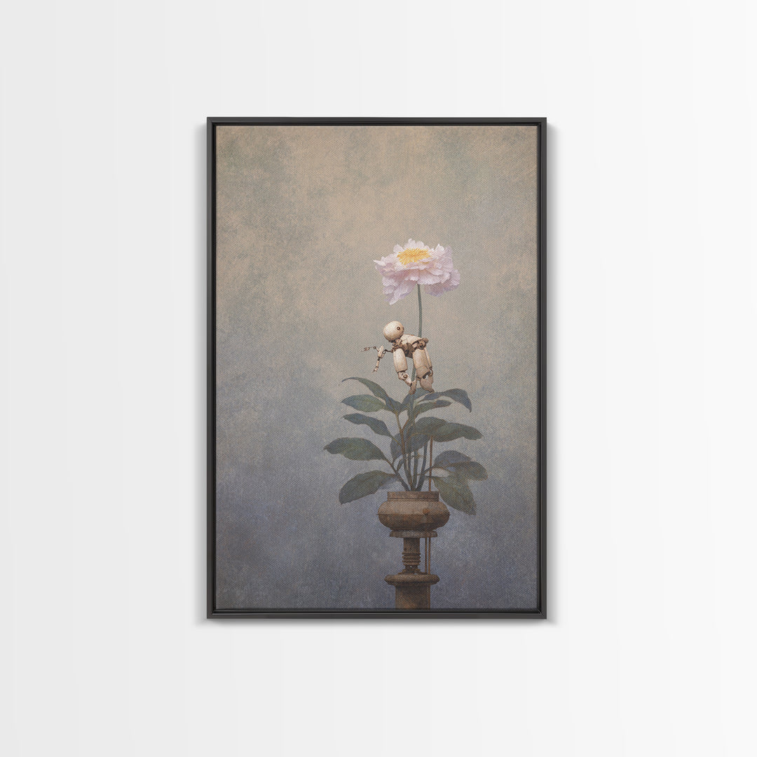 Robot Watering a Single Flower Canvas Print, Whimsical Art, Dark Academia Decor, Living Room Decor, Fine Art, Wonder, WHI-2x3-77