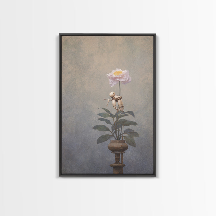 Robot Watering a Single Flower Canvas Print, Whimsical Art, Dark Academia Decor, Living Room Decor, Fine Art, Wonder, WHI-2x3-77