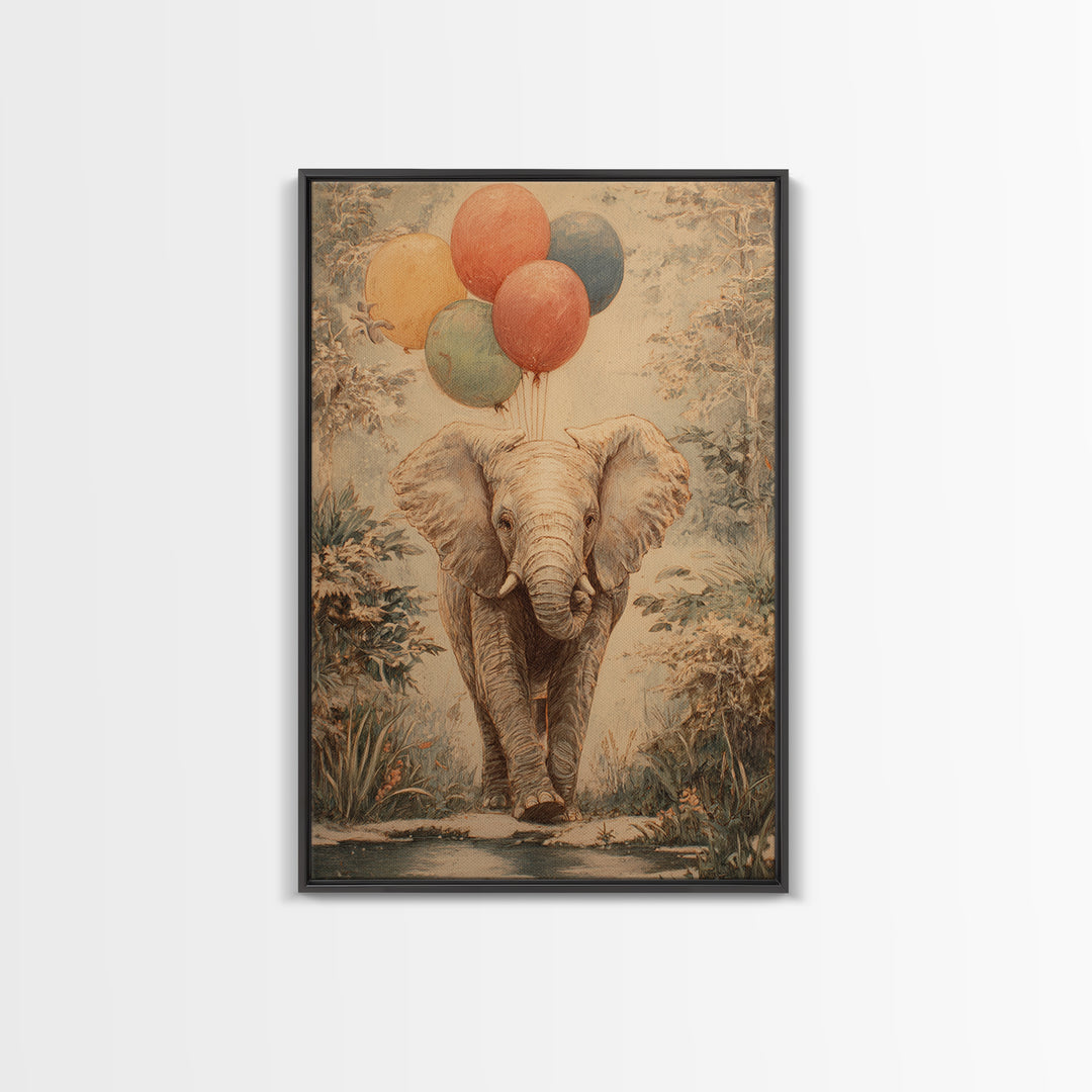 Elephant Holding Balloons Framed Canvas Print, Whimsical Art, Bird Art, Living Room Decor, Abstract Art, Wonder, WHI-2x3-83