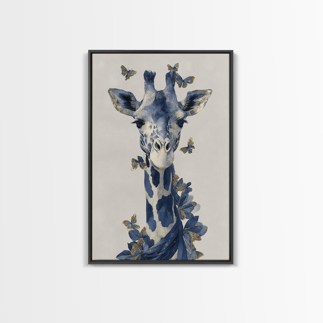 Giraffe with Scarf and Butterflies Framed Canvas Print, Whimsical Art, Framed Wall Art, Living Room Decor, Fine Art, Wonder, WHI-2x3-90