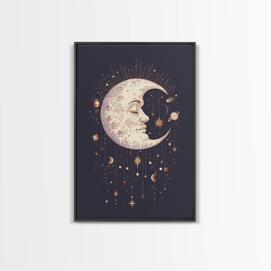Moon with Sleeping Face and Dangling Stars Canvas Print, Whimsical Art, Living Room Decor, Fine Art, Wonder, Gallery Decor, WHI-2x3-96