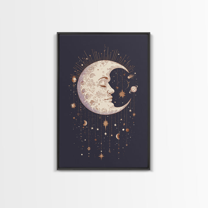 Moon with Sleeping Face and Dangling Stars Canvas Print, Whimsical Art, Living Room Decor, Fine Art, Wonder, Gallery Decor, WHI-2x3-96