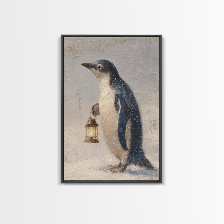 Penguin Holding a Lantern Framed Canvas Print, Whimsical Art, Abstract Wall Art, Living Room Decor, Fine Art, Wonder, WHI-2x3-97