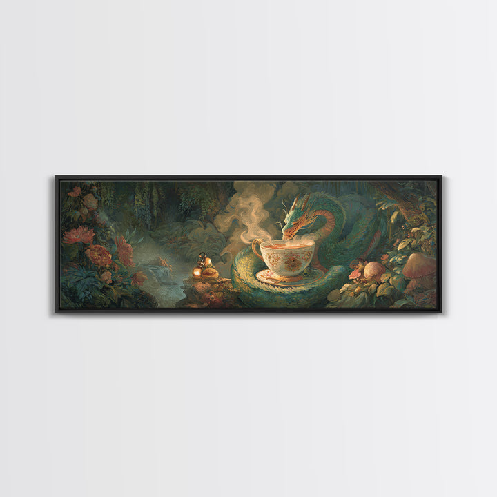 Dragon Curled Around a Teacup Canvas Print, Whimsical Art, Dark Academia Decor, Living Room Decor, Wonder, Modern Decor, WHI-3x1-16