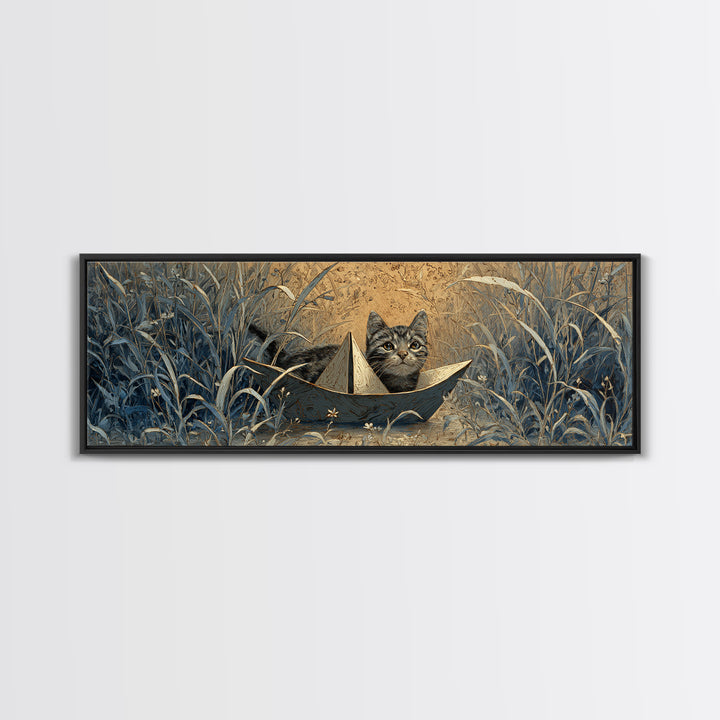 Cat Sailing a Paper Boat Framed Canvas Print, Whimsical Art, Digital Print, Living Room Decor, Fine Art, Wonder, Bird Art, WHI-3x1-18