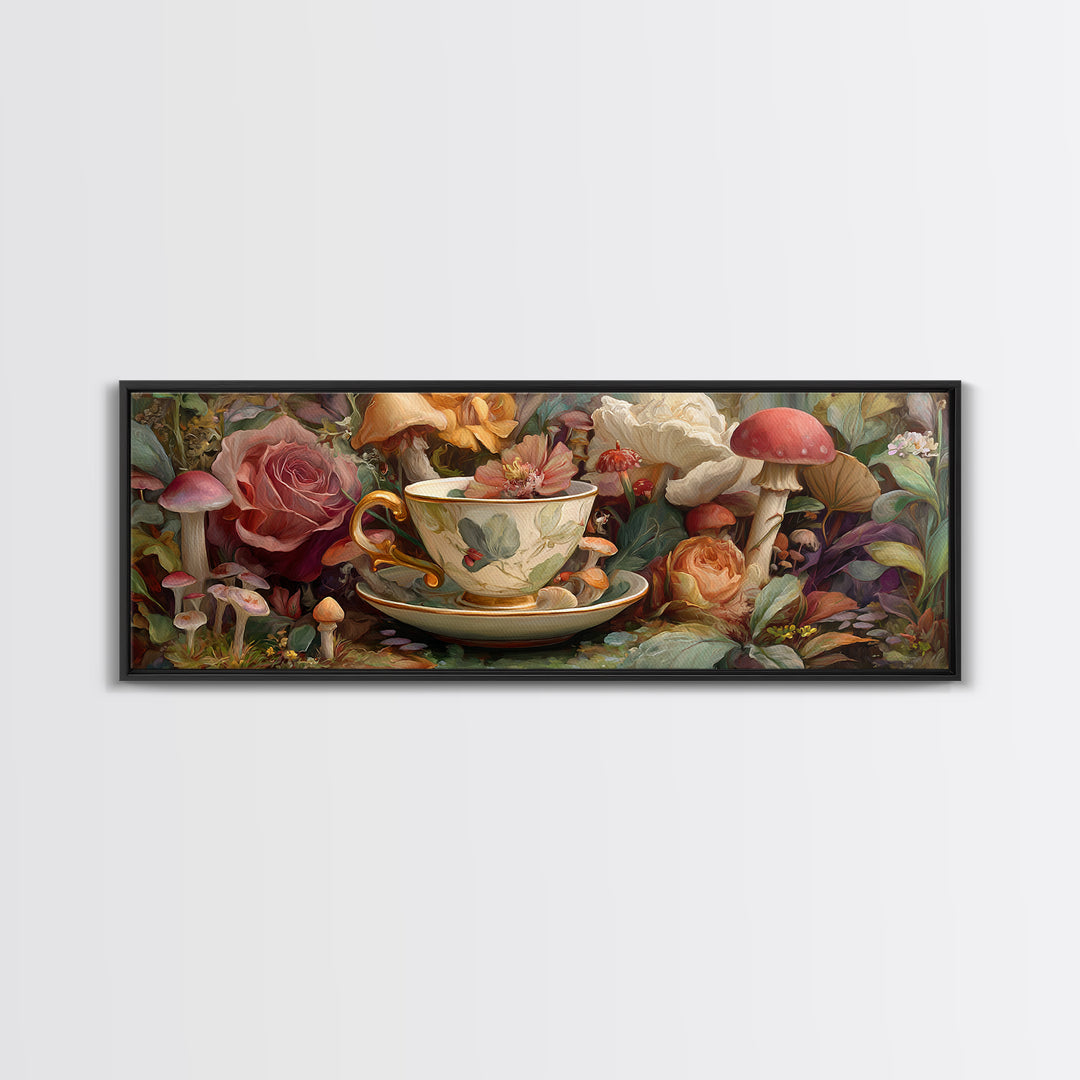 Teacup Garden with Tiny Mushrooms Canvas Print, Whimsical Art, Nursery Art, Living Room Decor, Oil Painting, Wonder, WHI-3x1-20