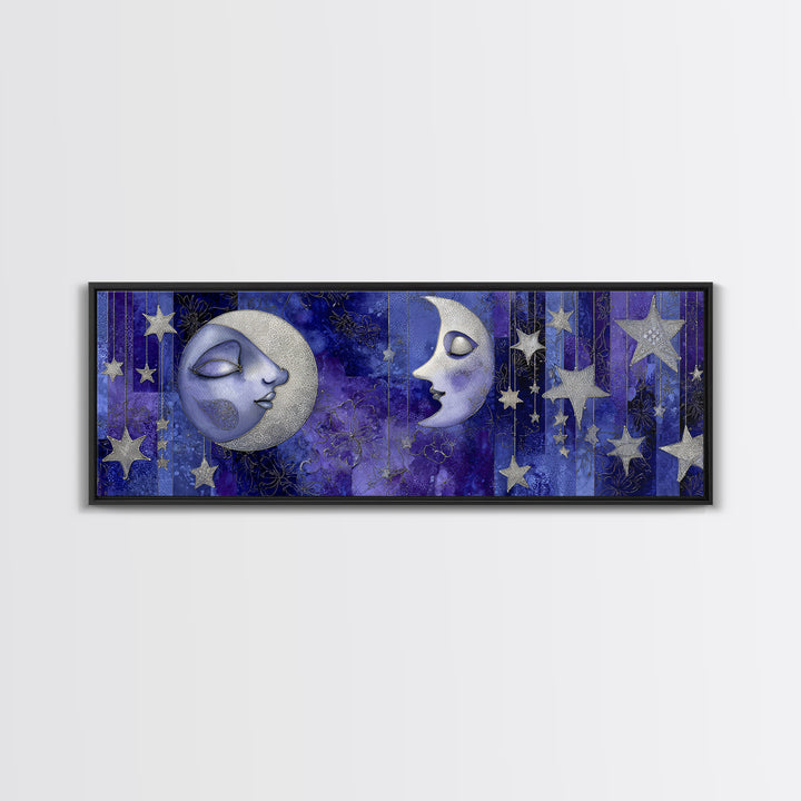 Moon with Sleeping Face and Dangling Stars Framed Canvas Print, Whimsical Art, Watercolor Art, Living Room Decor, Wonder, WHI-3x1-32