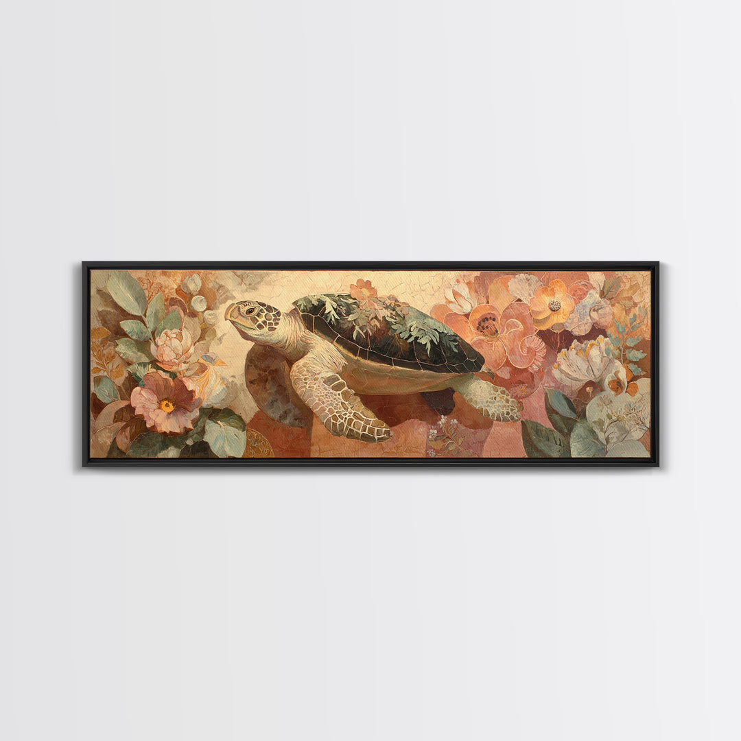 Turtle with Garden Growing on Shell Canvas Print, Whimsical Art, Framed Wall Art, Living Room Decor, Oil Painting, Wonder, WHI-3x1-38