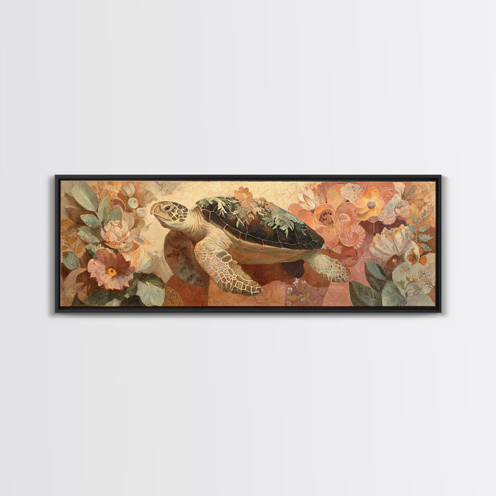 Turtle with Garden Growing on Shell Canvas Print, Whimsical Art, Framed Wall Art, Living Room Decor, Oil Painting, Wonder, WHI-3x1-38
