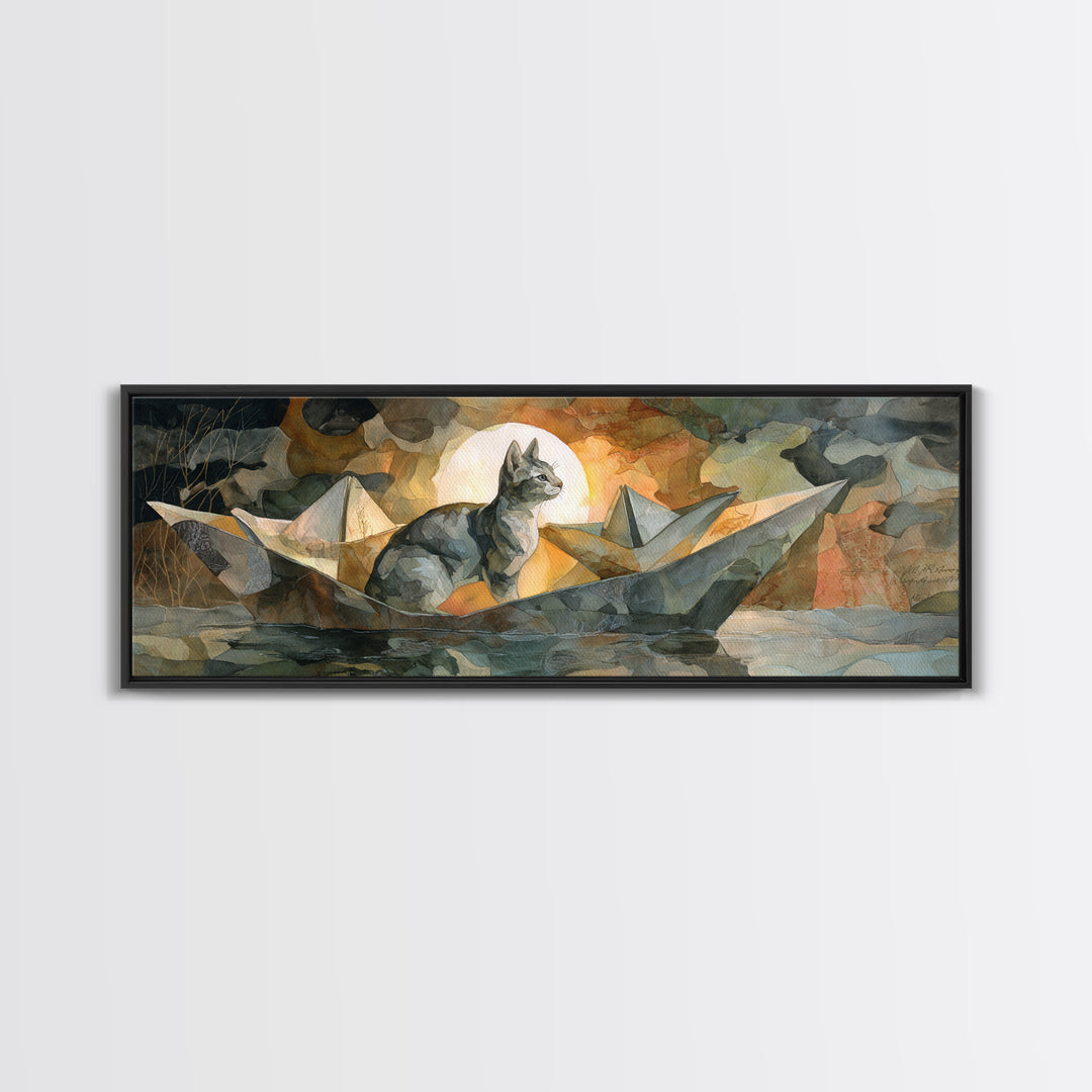 Cat Sailing a Paper Boat Canvas Print, Whimsical Art, Abstract Wall Art, Living Room Decor, Fine Art, Wonder, Neutral Decor, WHI-3x1-42