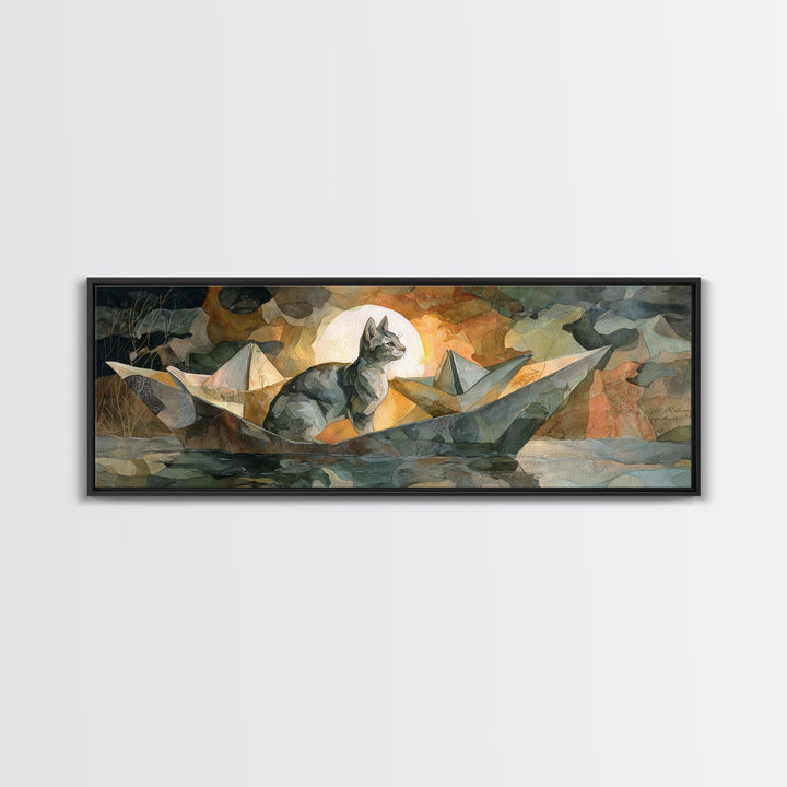 Cat Sailing a Paper Boat Canvas Print, Whimsical Art, Abstract Wall Art, Living Room Decor, Fine Art, Wonder, Neutral Decor, WHI-3x1-42