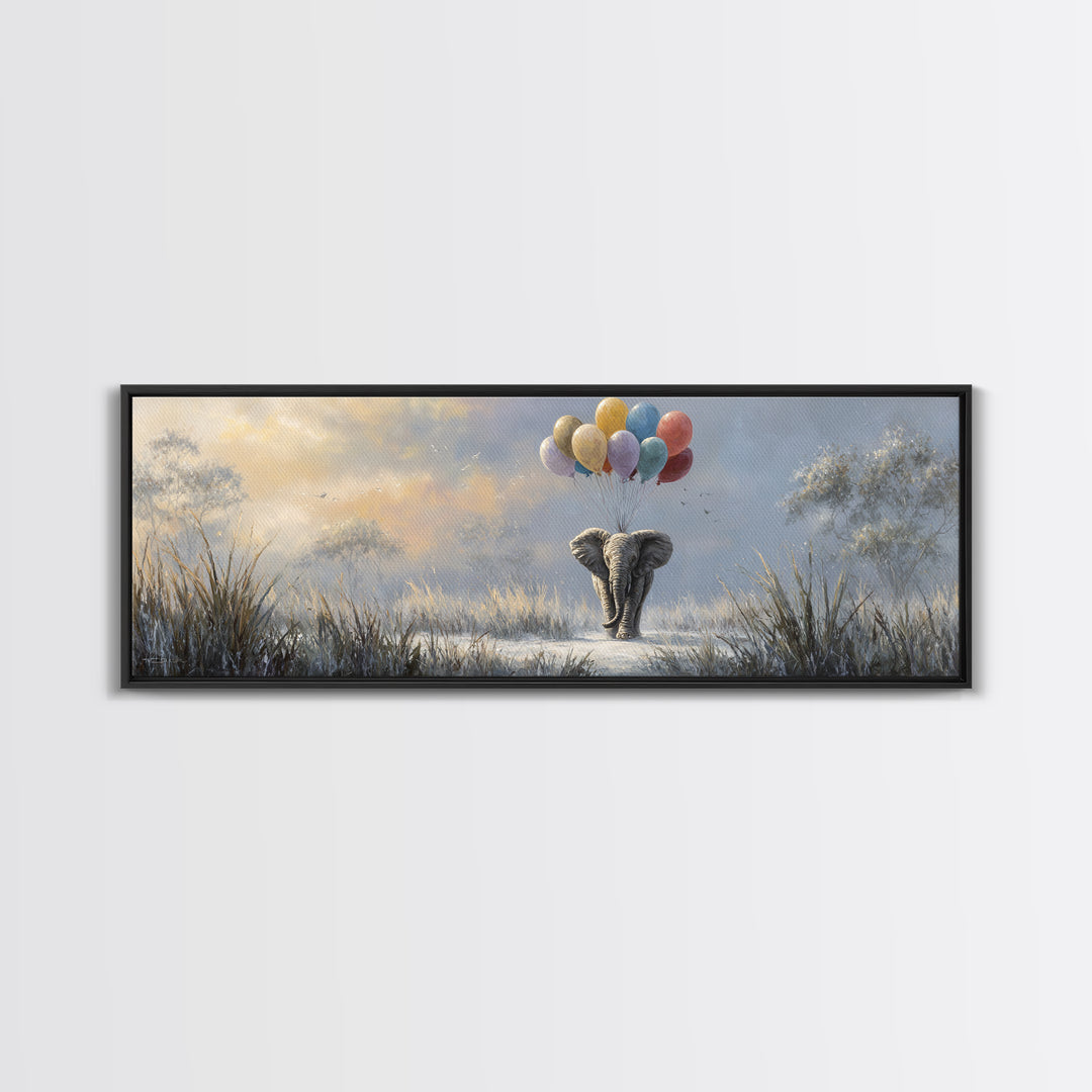 Elephant Holding Balloons Canvas Print, Whimsical Art, Pet Portrait, Living Room Decor, Fine Art, Wonder, Abstract Wall Art, WHI-3x1-43