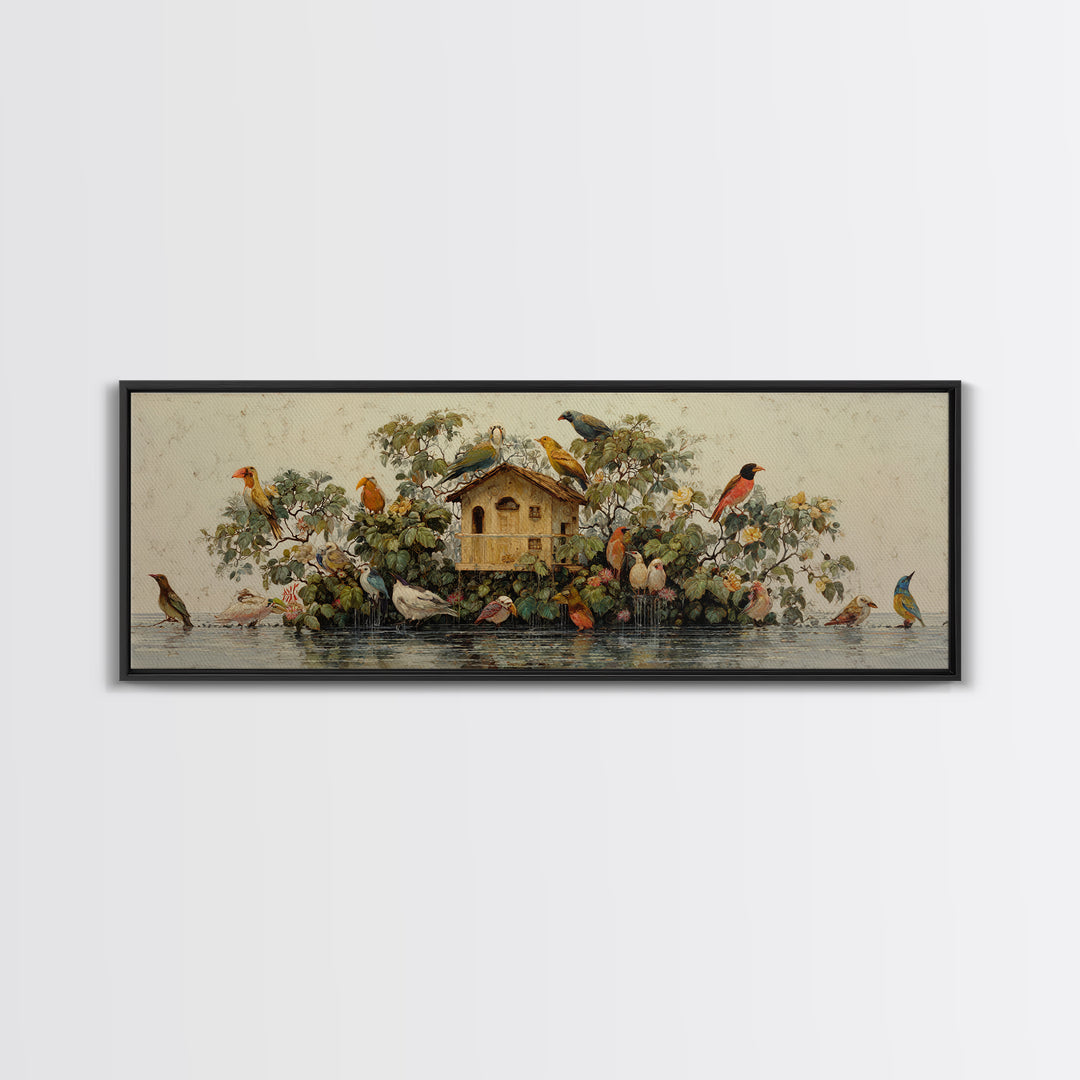 Floating House Carried by Colorful Birds Framed Canvas Print, Whimsical Art, Living Room Decor, Oil Painting, Wonder, WHI-3x1-47