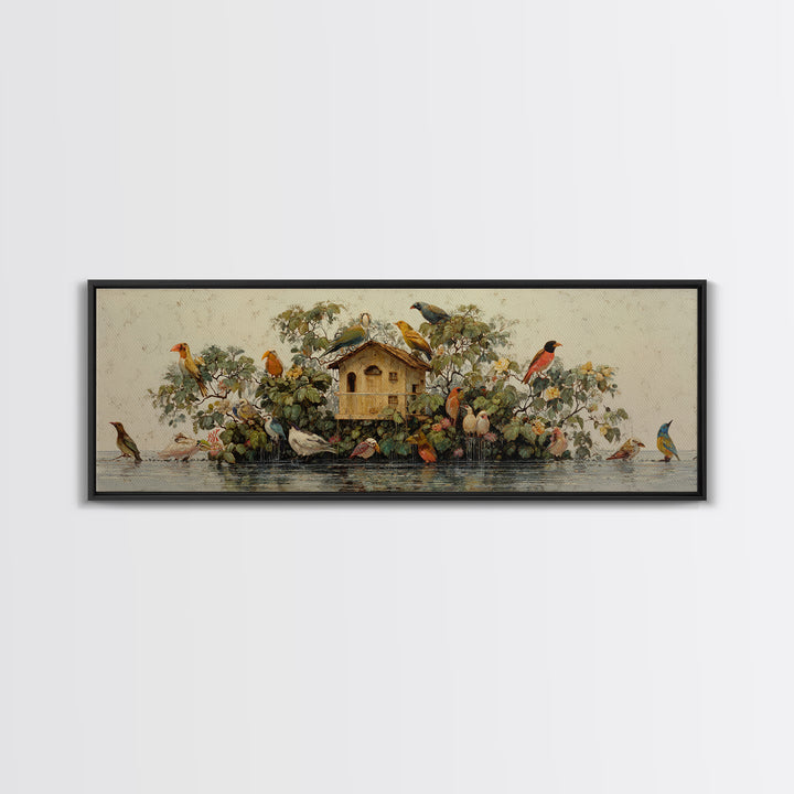 Floating House Carried by Colorful Birds Framed Canvas Print, Whimsical Art, Living Room Decor, Oil Painting, Wonder, WHI-3x1-47