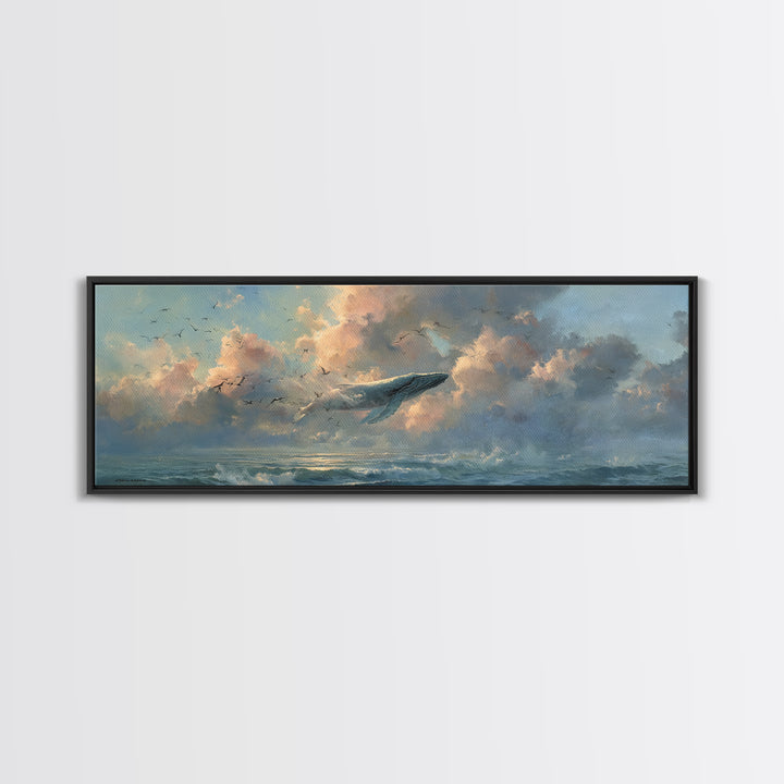 Whale Flying Through Clouds Like Ocean Framed Canvas Print, Whimsical Art, Printable Art, Living Room Decor, Watercolor Art, WHI-3x1-5