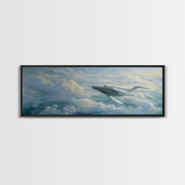 Whale Flying Through Clouds Like Ocean Framed Canvas Print, Whimsical Art, Nursery Art, Living Room Decor, Oil Painting, Wonder, WHI-3x1-53