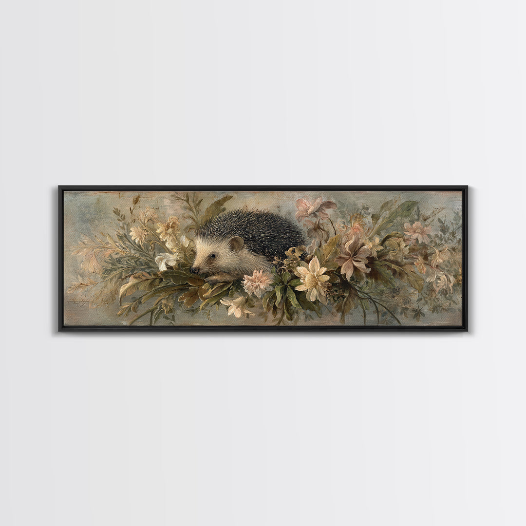 Hedgehog Carrying Wildflowers Framed Canvas Print, Whimsical Art, Prints, Living Room Decor, Oil Painting, Wonder, WHI-3x1-55