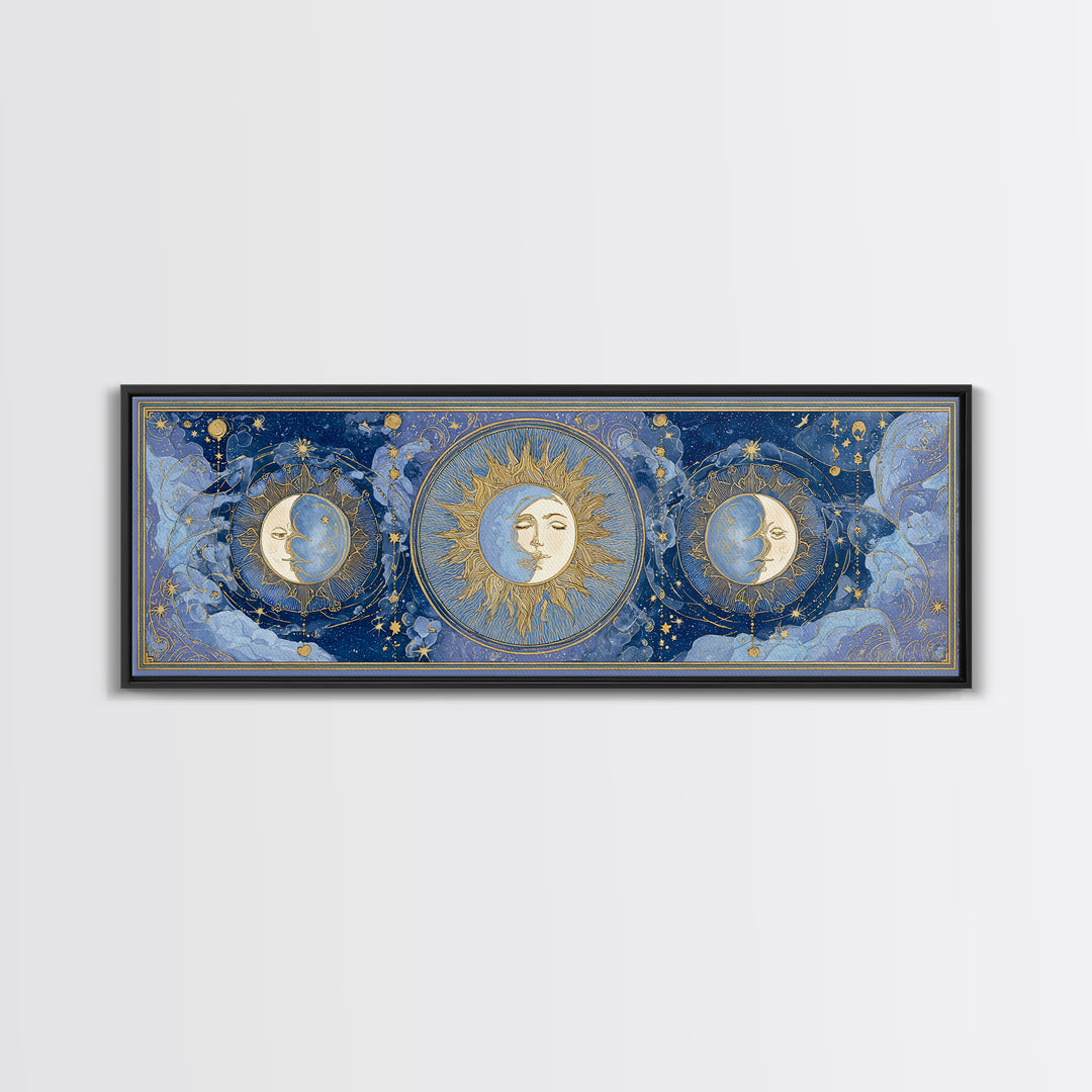Moon with Sleeping Face and Dangling Stars Framed Canvas Print, Whimsical Art, Minimalist Decor, Living Room Decor, Wonder, WHI-3x1-56