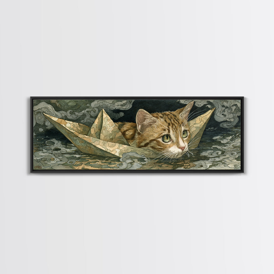 Cat Sailing a Paper Boat Canvas Print, Whimsical Art, Abstract Wall Art, Living Room Decor, Fine Art, Wonder, Neutral Decor, WHI-3x1-66