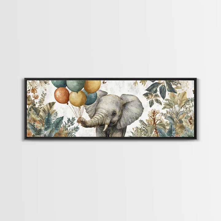 Elephant Holding Balloons Framed Canvas Print, Whimsical Art, Art Nouveau, Living Room Decor, Abstract Art, Wonder, WHI-3x1-67