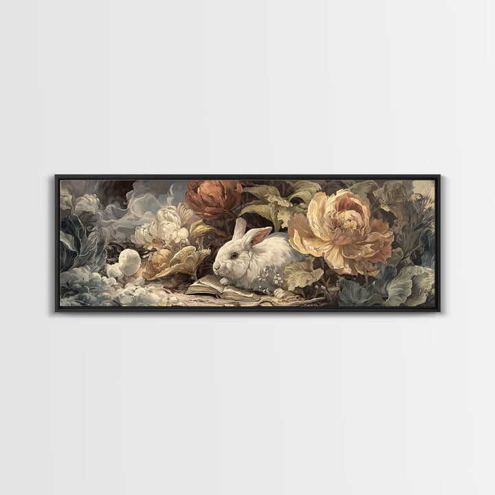 Rabbit Reading Beneath a Giant Flower Framed Canvas Print, Whimsical Art, Gallery Decor, Living Room Decor, Fine Art, Wonder, WHI-3x1-69