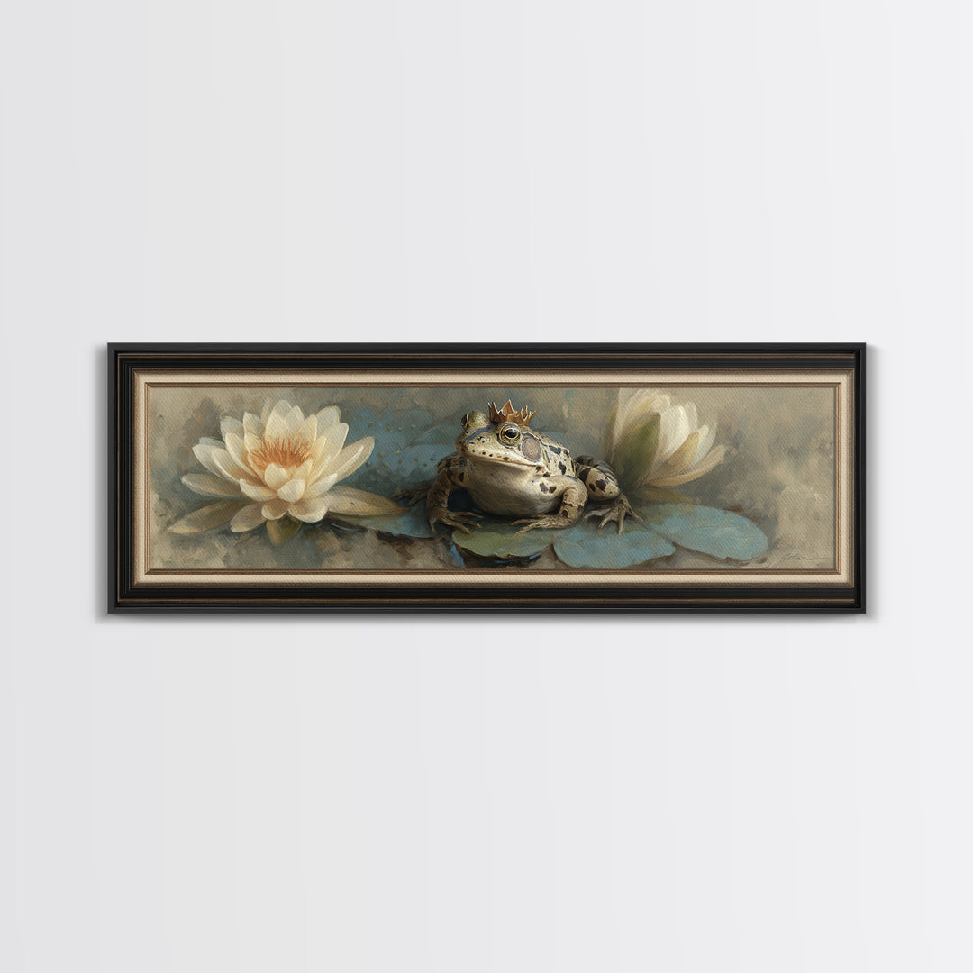 Frog Prince on a Lily Pad Framed Canvas Print, Whimsical Art, Wall Decor, Living Room Decor, Fine Art, Wonder, Printable Art, WHI-3x1-72