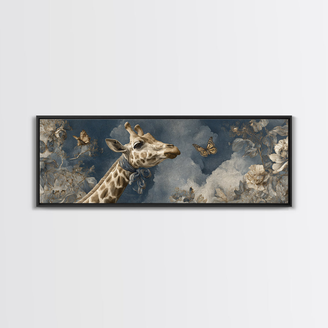 Giraffe with Scarf and Butterflies Framed Canvas Print, Whimsical Art, Dopamine Decor, Living Room Decor, Oil Painting, Wonder, WHI-3x1-74