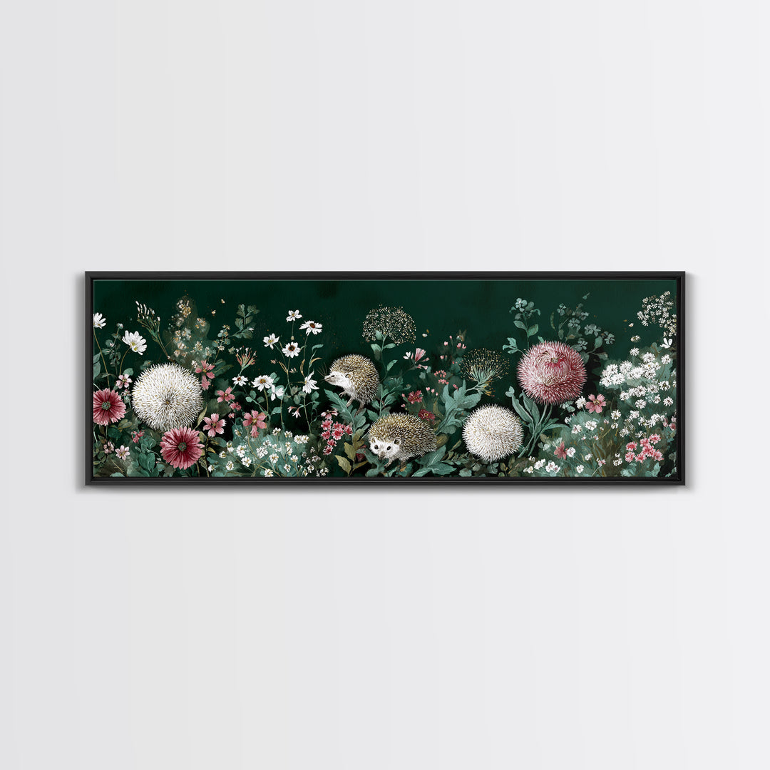 Hedgehog Carrying Wildflowers Framed Canvas Print, Whimsical Art, Whimsical, Living Room Decor, Watercolor Art, Wonder, WHI-3x1-79