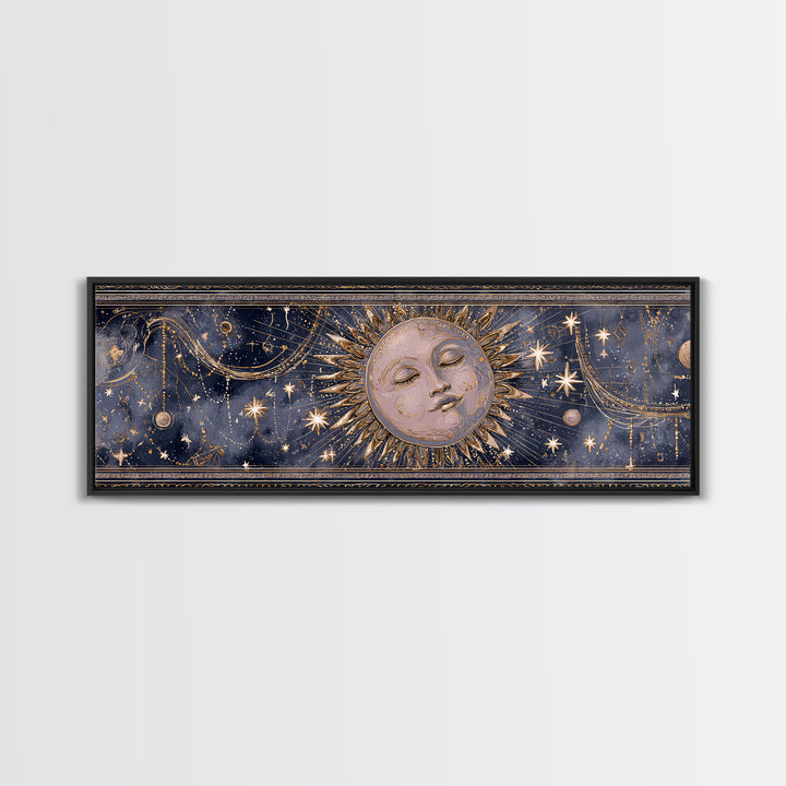 Moon with Sleeping Face and Dangling Stars Canvas Print, Whimsical Art, Nursery Wall Decor, Living Room Decor, Oil Painting, WHI-3x1-8