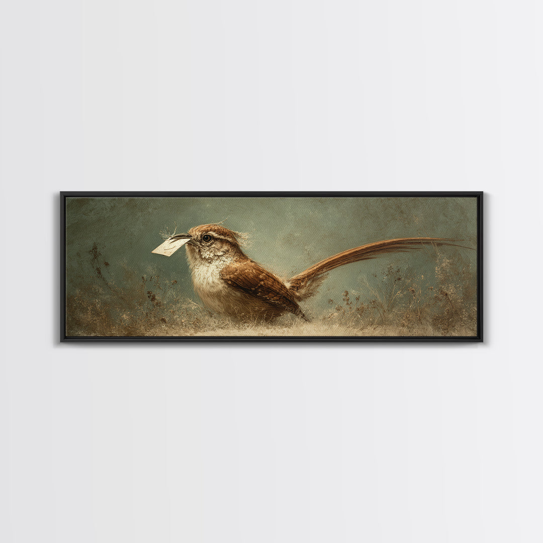 Bird Delivering a Tiny Love Letter Framed Canvas Print, Whimsical Art, Nursery Wall Art, Living Room Decor, Fine Art, Wonder, WHI-3x1-87
