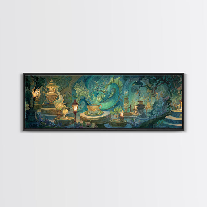Dragon Curled Around a Teacup Canvas Print, Whimsical Art, Wall Art, Living Room Decor, Oil Painting, Wonder, Framed Wall Art, WHI-3x1-88