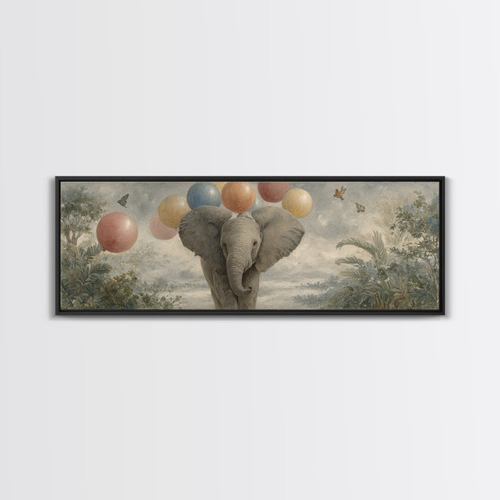 Elephant Holding Balloons Canvas Print, Whimsical Art, Pet Portrait, Living Room Decor, Fine Art, Wonder, Abstract Wall Art, WHI-3x1-91