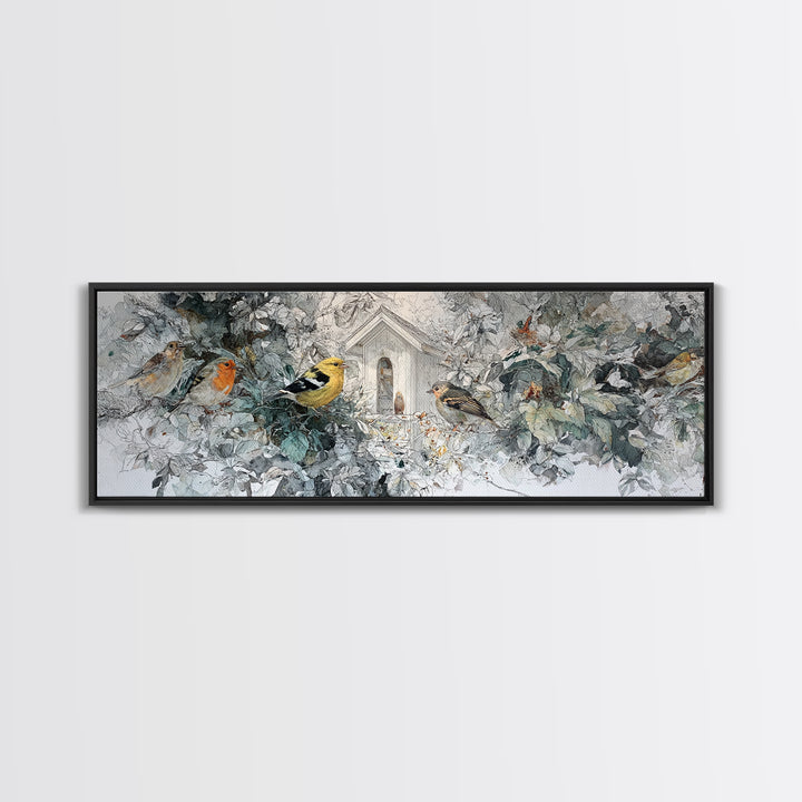 Floating House Carried by Colorful Birds Canvas Print, Whimsical Art, Living Room Decor, Oil Painting, Wonder, WHI-3x1-95
