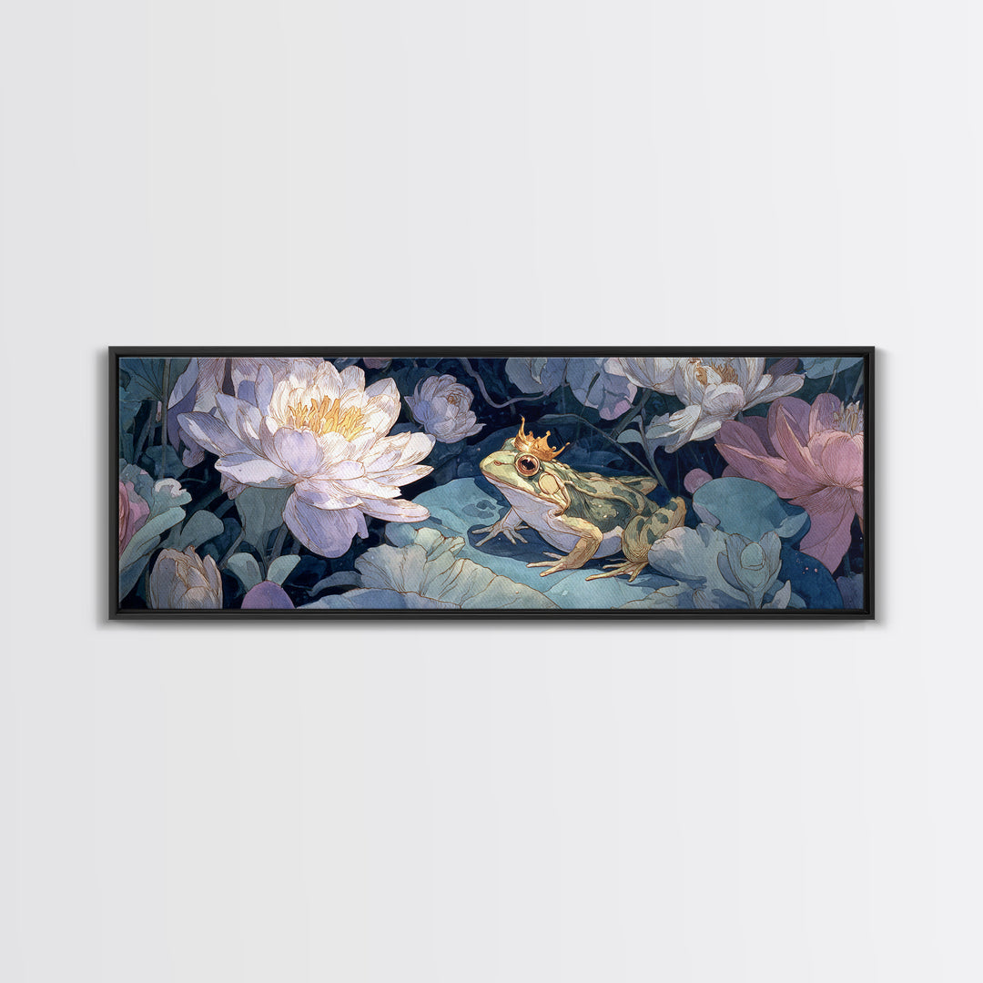 Frog Prince on a Lily Pad Canvas Print, Whimsical Art, Textured Painting, Living Room Decor, Fine Art, Wonder, Nursery Decor, WHI-3x1-96